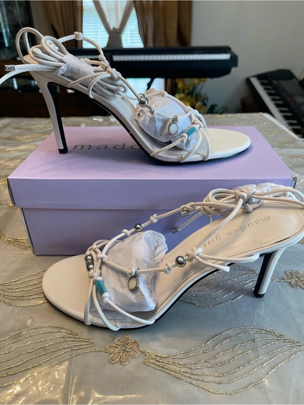Madden Girl White Lace-Up Stiletto Sandals with Silver Bead Detail